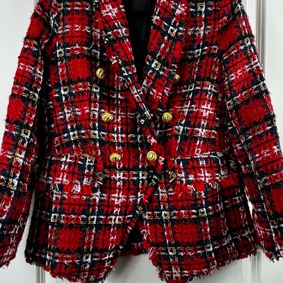 Red Tweed Plaid Blazer - Size M - Picture 3 of 6